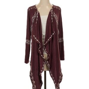 POL Maroon Embroidered Open-Front Cardigan with Cream Accents